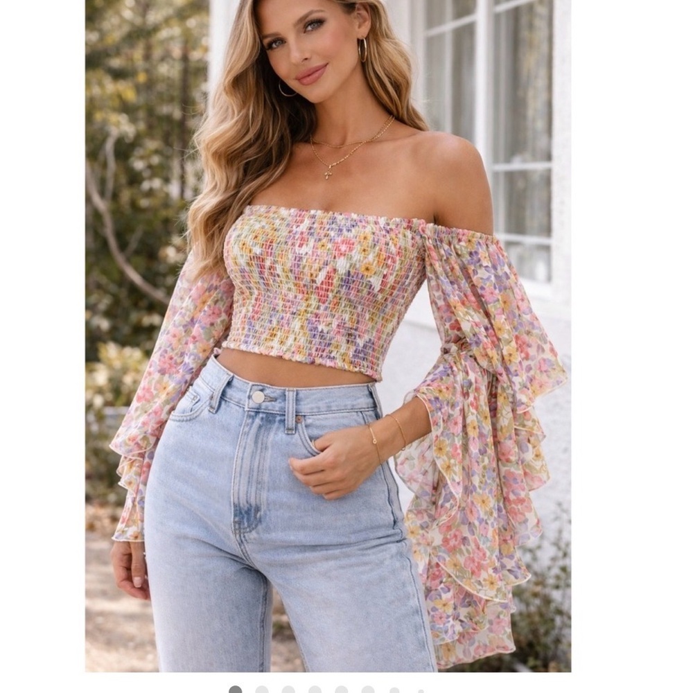 Live 4 Truth Multicolor Floral Smocked Blouse bell sleeves size L